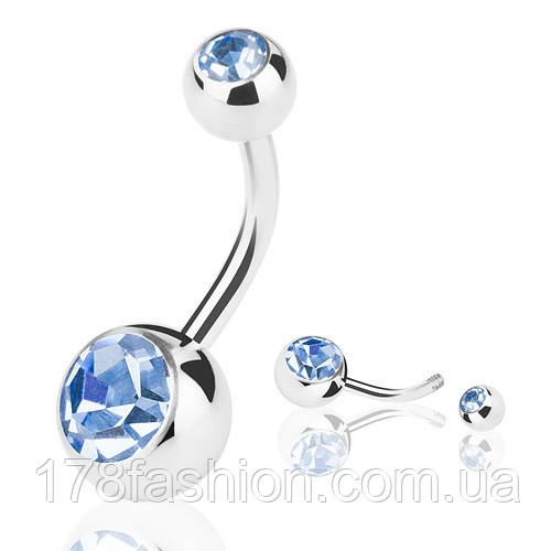 Сережок-банан для пірсингу пупка з верхнім і нижнім камінням ніжно волошкового кольору, фото 1