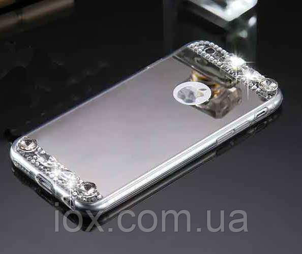 Силіконовий дзеркальний чохол з камінчиками для iPhone 7 і iPhone 8 срібло