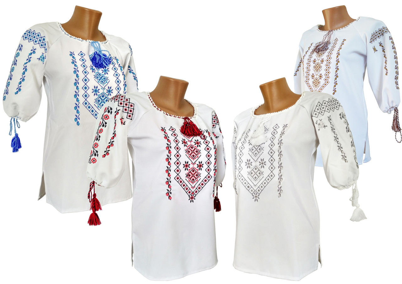 Вишиванка для дівчинки підлітка з геометричним орнаментом на білій тканині, фото 1