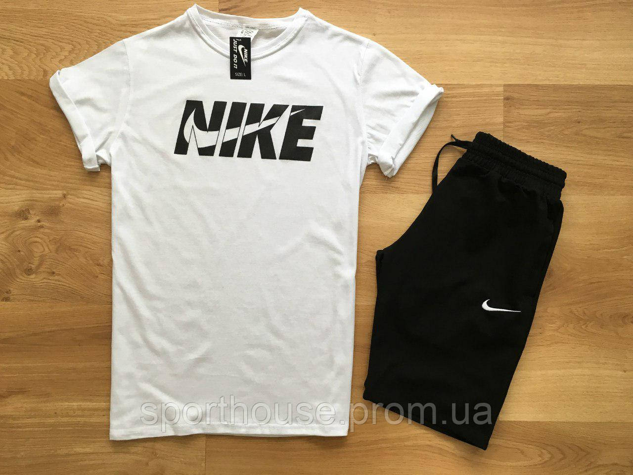 Чоловічий комплект футболка + шорти Nike білого і чорного кольору (люкс) S