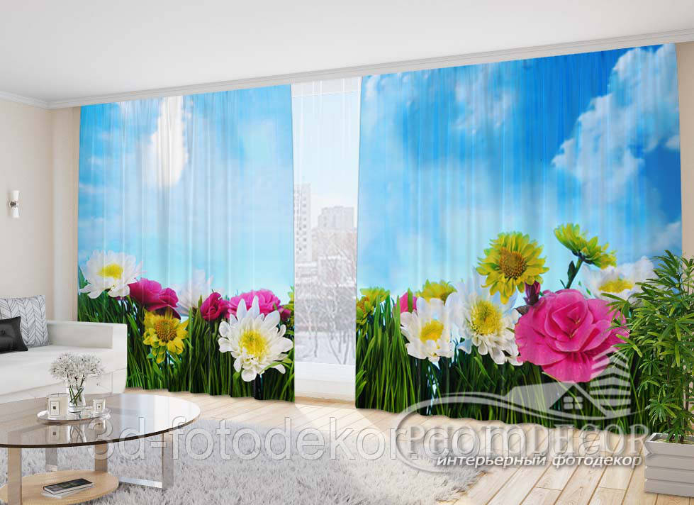 3D Фото Штори "Яскраві квіти в траві" - будь-який розмір. Читаемо опис!, фото 1
