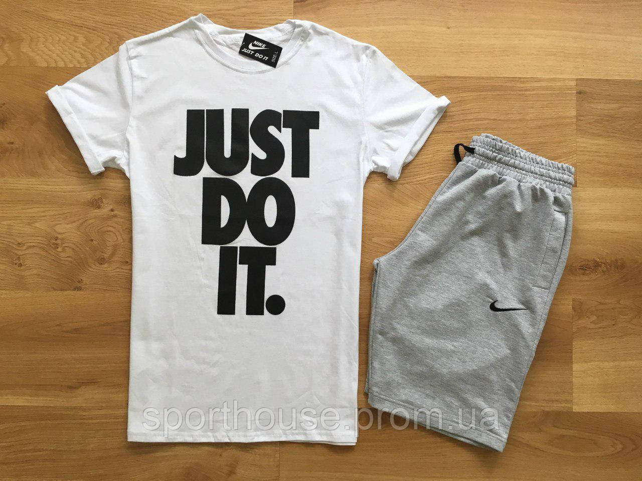 Чоловічий комплект футболка + шорти Nike білого і сірого кольору (люкс) S