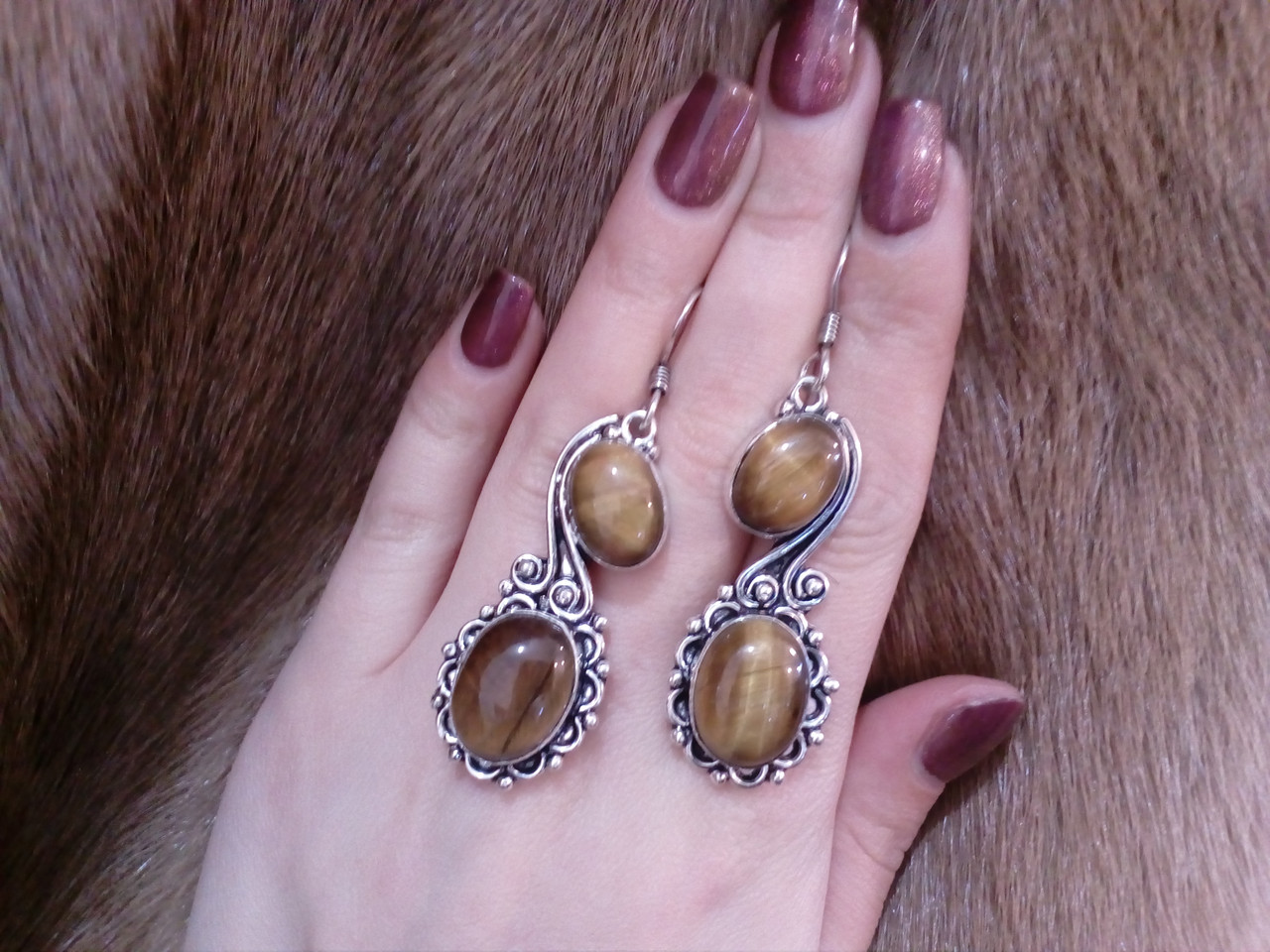 Красивые серьги с тигровым глазом. Серьги с натуральным камнем тигровый глаз в серебре. Индия!, фото 1