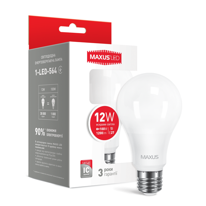 Лампа MAXUS світлодіодна A60 220v 12w 4100K E27 1-LED-778