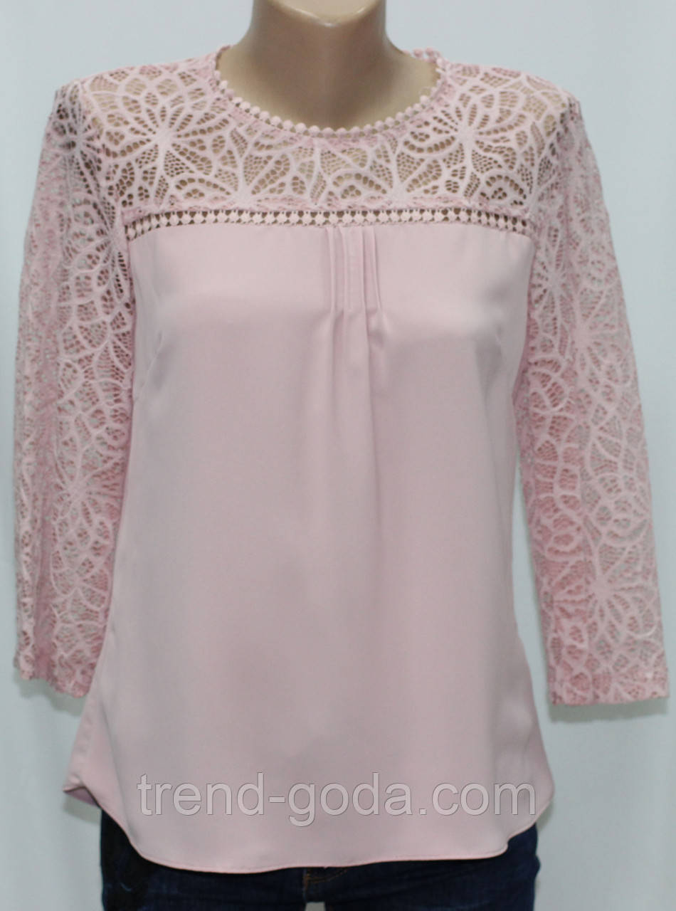 Блуза рожева жіноча мереживна, великих розмірів,рукав 3/4, р 48,50 Туреччина