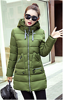 Тёплая зимняя куртка 3D визуальный эффект с манжетом съёмный капюшон ЗЕЛЁНЫЙ, 42