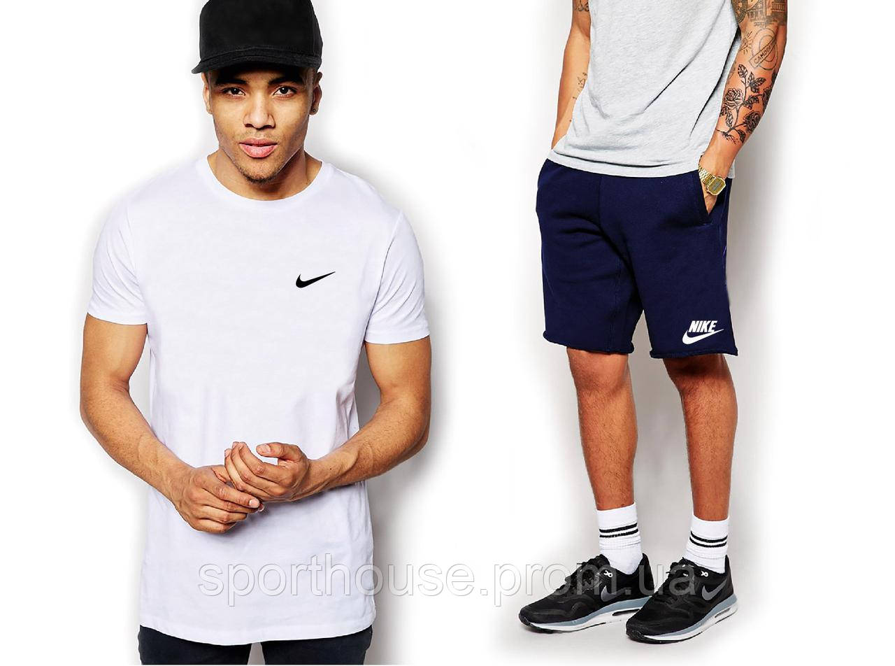 Чоловічий комплект футболка + шорти Nike білого і синього кольору (люкс) S