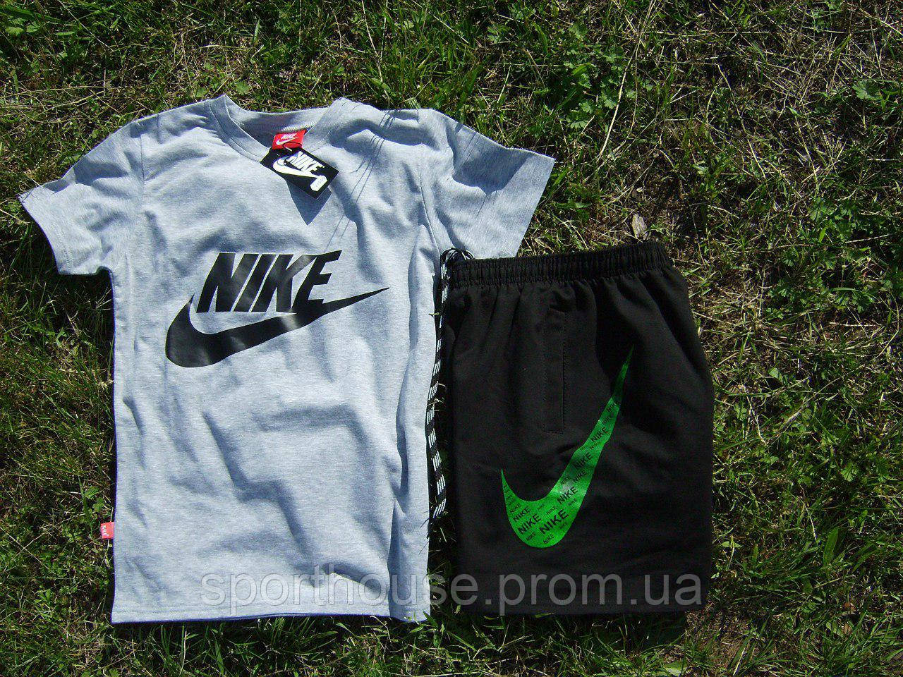 Чоловічий комплект футболка + шорти Nike сірого і чорного кольору (люкс) S