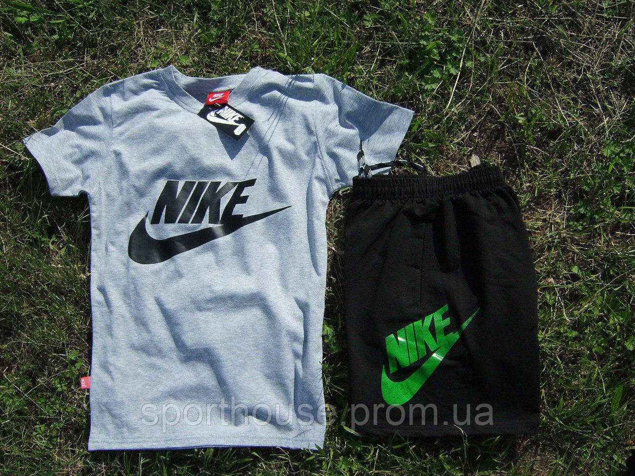 Чоловічий комплект футболка + шорти Nike сірого і чорного кольору (люкс) S
