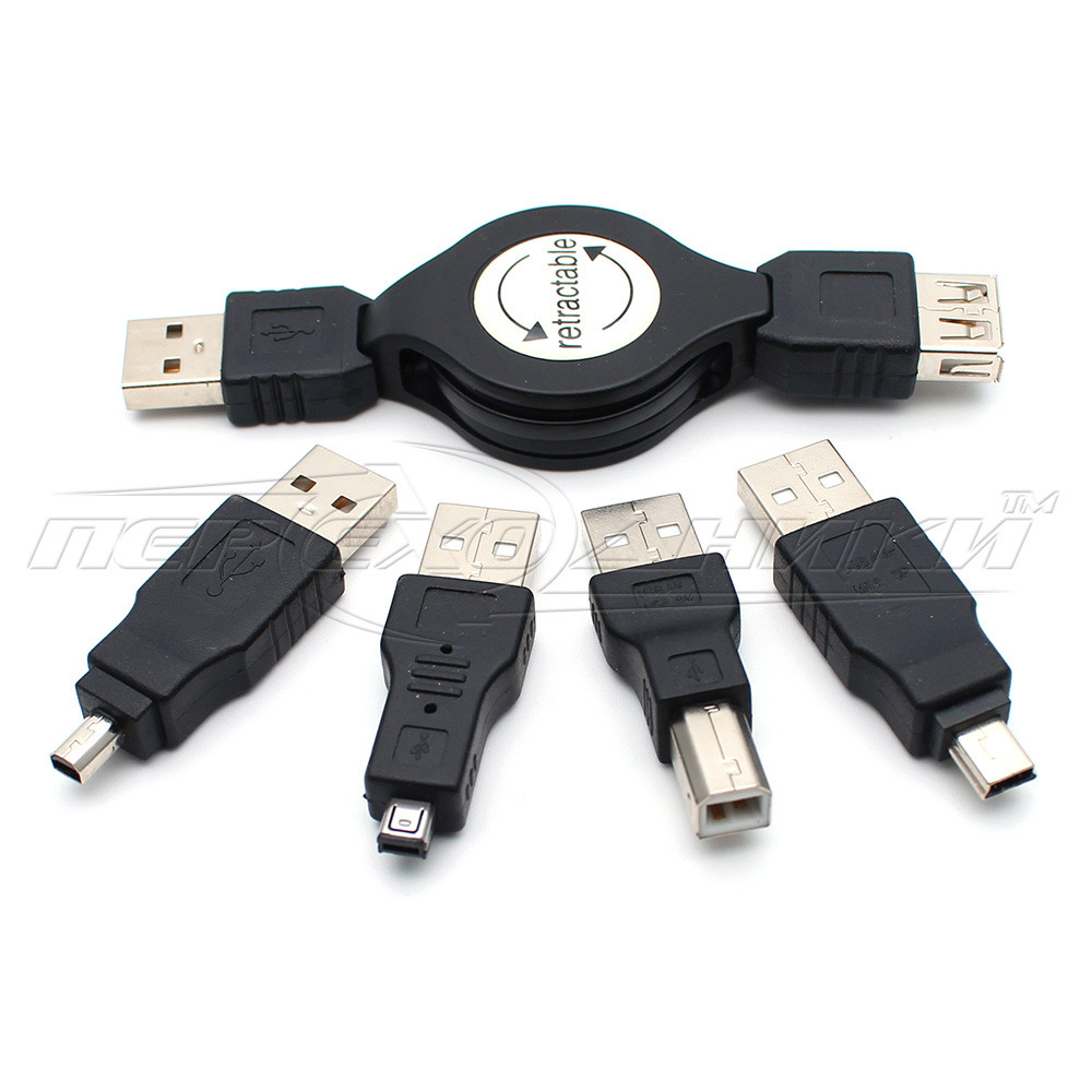 Набор USB переходников 5 in 1 с USB удлинителем на рулетке - фото 1 - id-p678330881