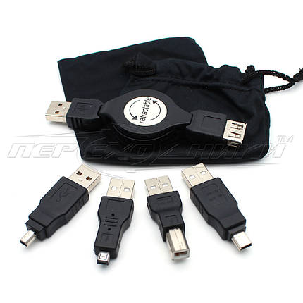 Набір USB перехідників 5 in 1 з USB подовжувачем на рулетці, фото 3