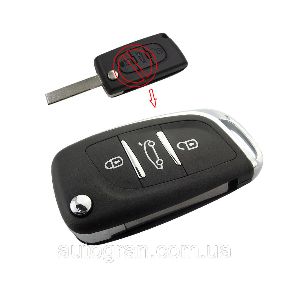 Корпус викидного ключа 3 кнопки Peugeot HU83 з тримачем батарейки, фото 1
