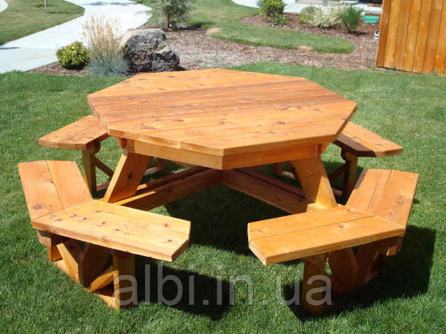 Комплект садових меблів із масиву сосни Геометрія No2 (ф1,8м-2м), обідній стіл, лавочки, меблі на дачу