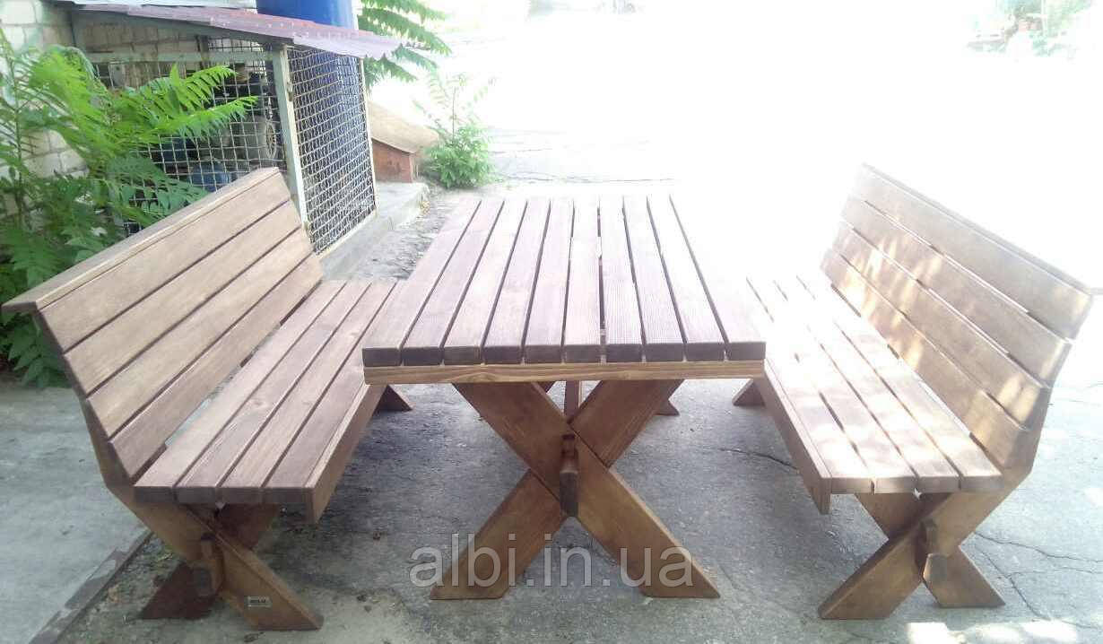 Меблі садові з натурального дерева Дельта КОМПЛЕКТ 1,8 м, лавочки з дерева та стіл, меблі на дачу