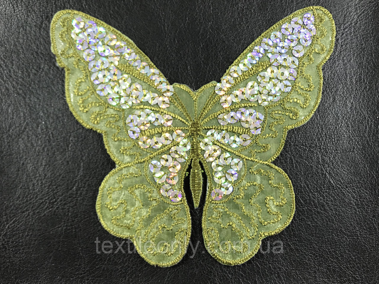 Аплікація Метелик із паєтками колір хакі 140x111 мм
