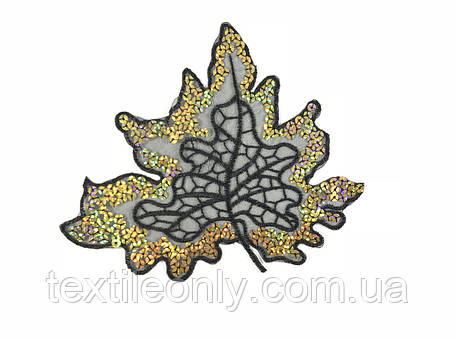 Нашивка кленовий листочок із паєтками колір чорний із золотом 140x175 мм, фото 2