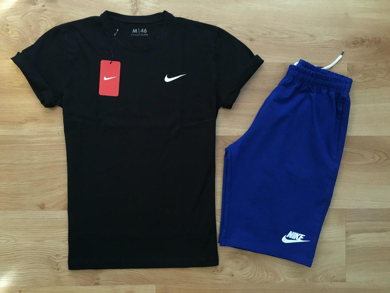 Чоловічий комплект футболка + шорти Nike чорного і синього кольору (люкс) S