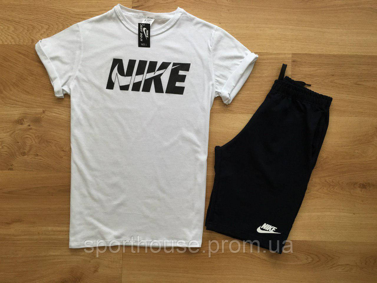 Чоловічий комплект футболка + шорти Nike білого і чорного кольору (люкс) S