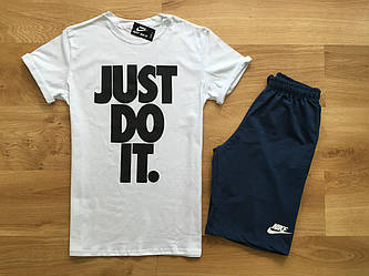 Чоловічий комплект футболка + шорти Nike білого і синього кольору (люкс) S