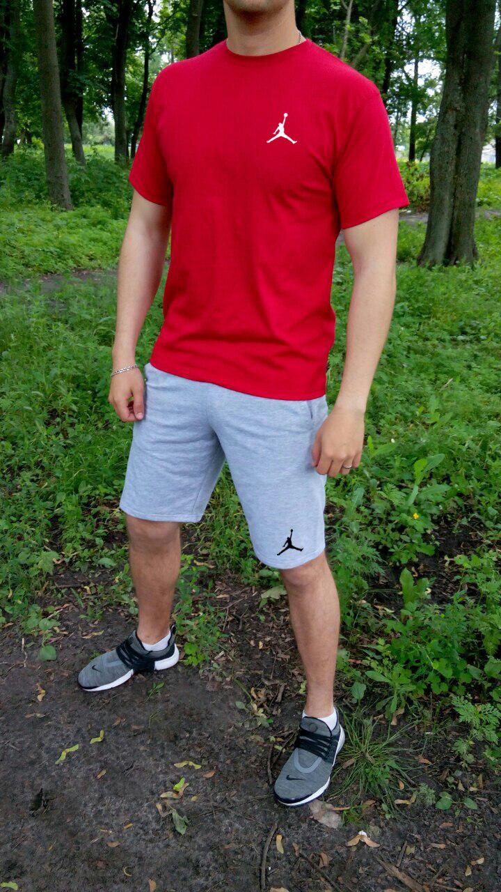 Чоловічий комплект футболка + шорти Jordan червоного і сірого кольору (люкс) S