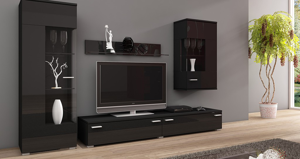 Вітальня стінка Luxus AAAA MEBLE чорний/чорний глянець, фото 1