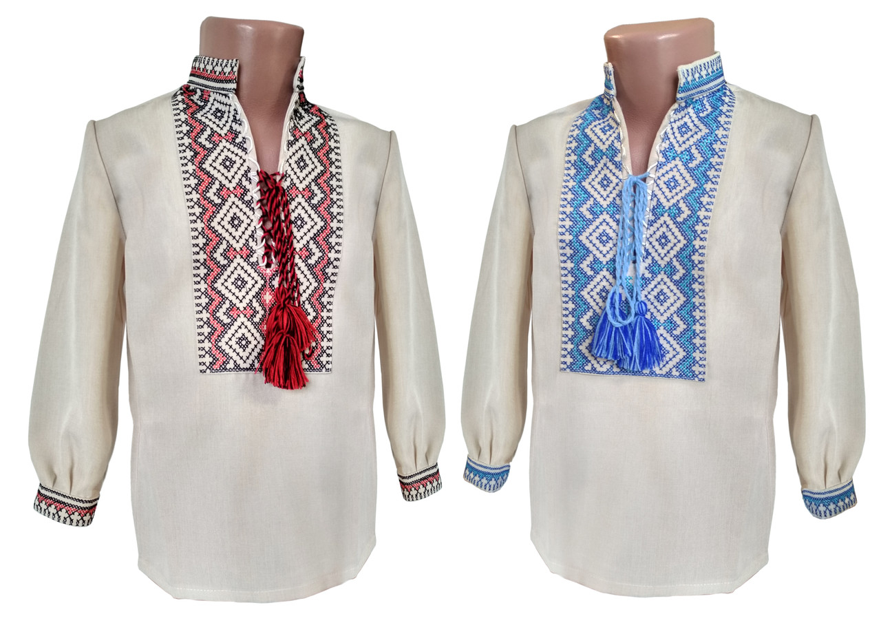 Лляна вишита сорочка для хлопчика на довгий рукав із зав'обов'язками на грудях, фото 1