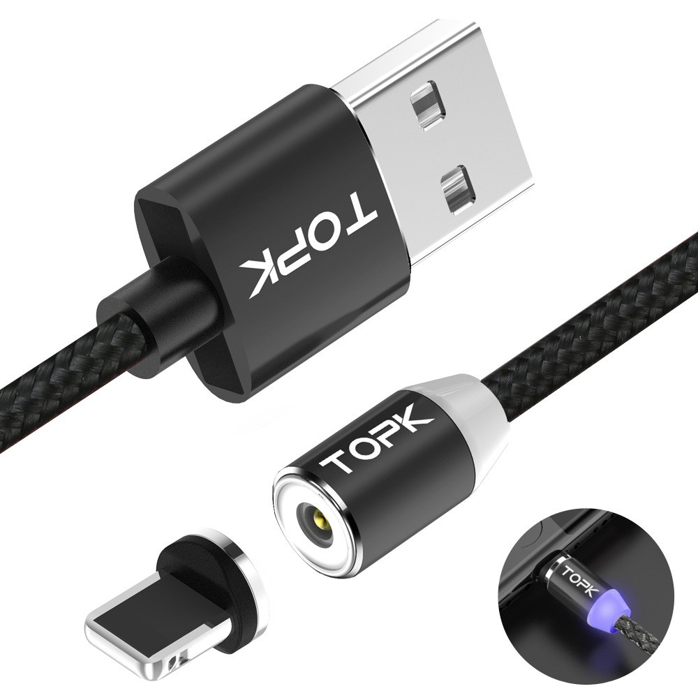 Магнітний кабель TOPK LED Magnetic Round USB Lightning 1m - Black