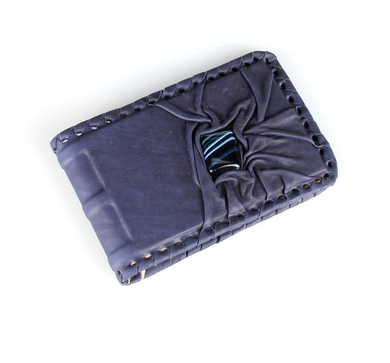 Візитниця кишенькова ручної роботи прикрашена агатом із натуральної шкіри, фото 1