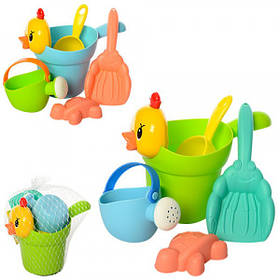 Набір для пісочниці HG-779 відерце, лопатка 2шт, граблі, лійка, формоч, 2 кольори, м'який, в сітці,17-8-22см