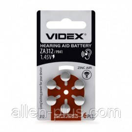 Батарейка повітряно цинкова Videx ZA312 1.45V (PR41), 6 шт. на блістері
