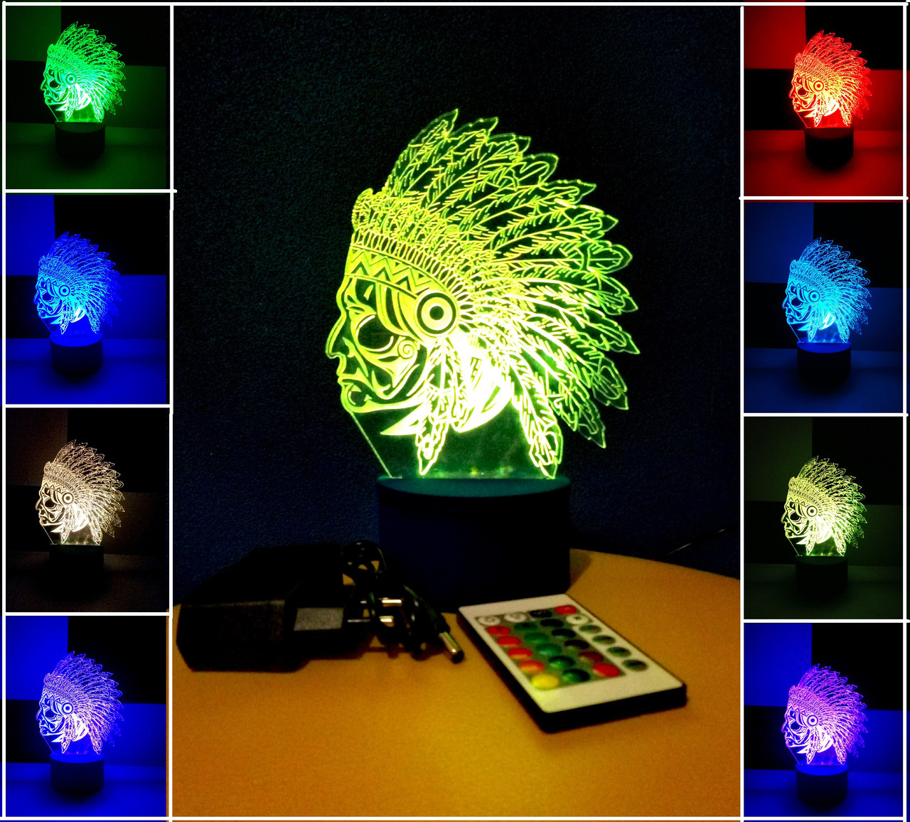 3d-світильник Індіанець, 3д-нічник, кілька підсвічувань (на пульті), фото 1