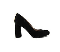 Туфли женские черные натуральный нубук высокий устойчивый каблук золотистая фурнитура