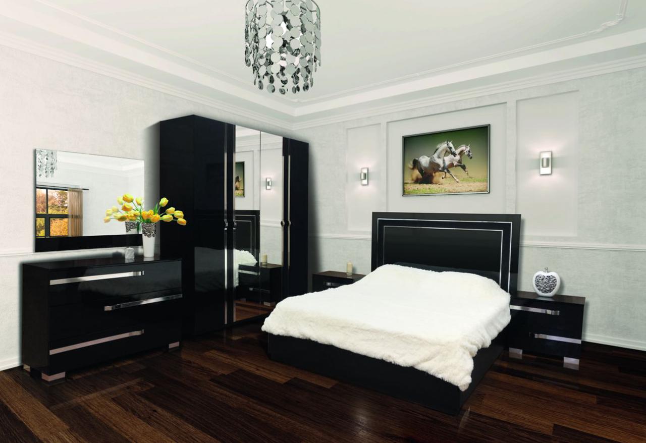 Модульна система для спальні «Екстаза» Світ Меблів Комплект: ліжко 2сп (1,6м), тумбочка (2 шт.), комод, дзеркало, шафа 4Д, чорна