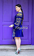 Синее платье вельвет, Бархатное платье вышивка золотом, бохо шик, вышиванка, украинская вышивка, теплое платье