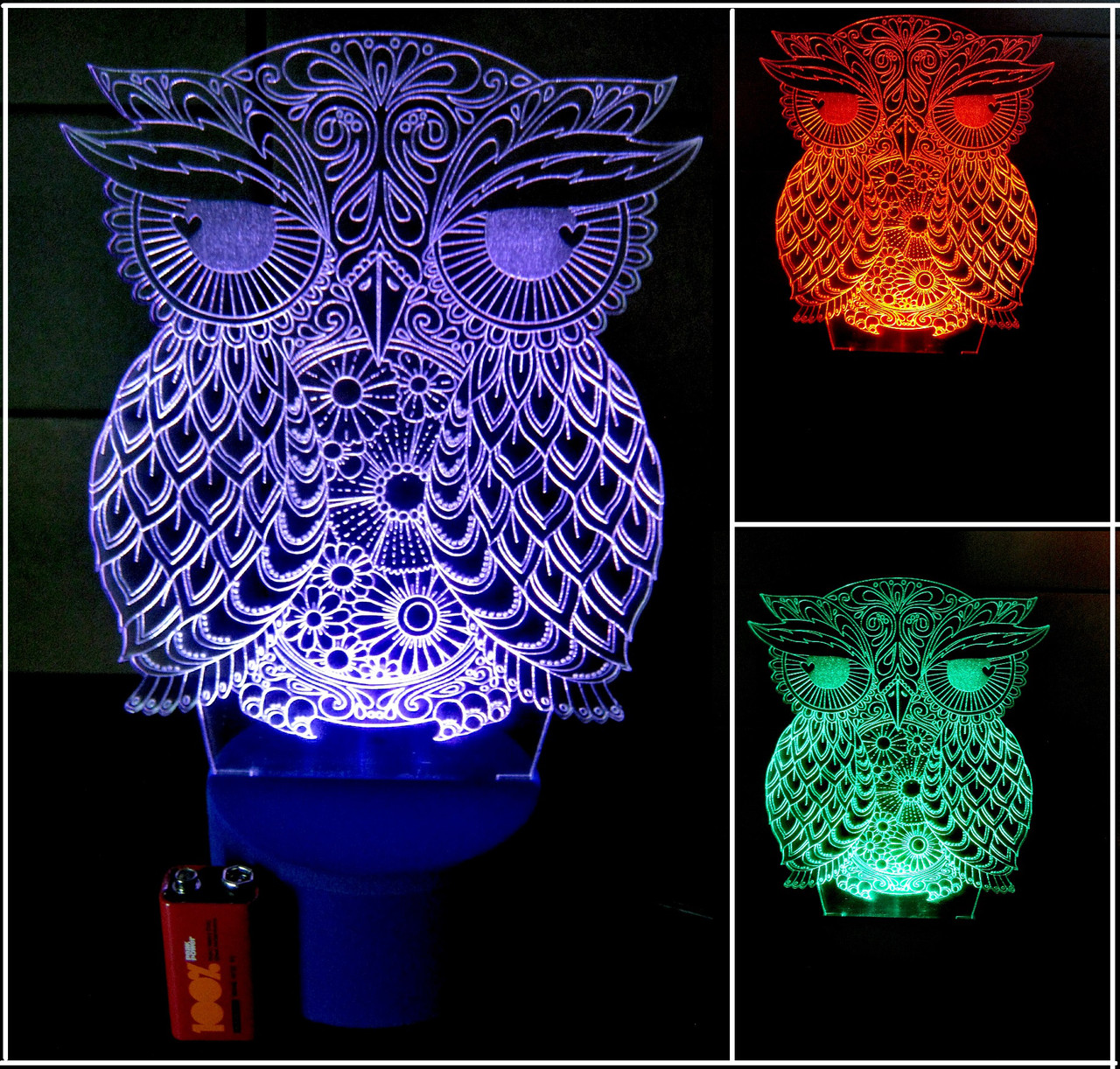 3d-світильник Сова 1, 3д-нічник, кілька підсвічувань (на батарейці), фото 1