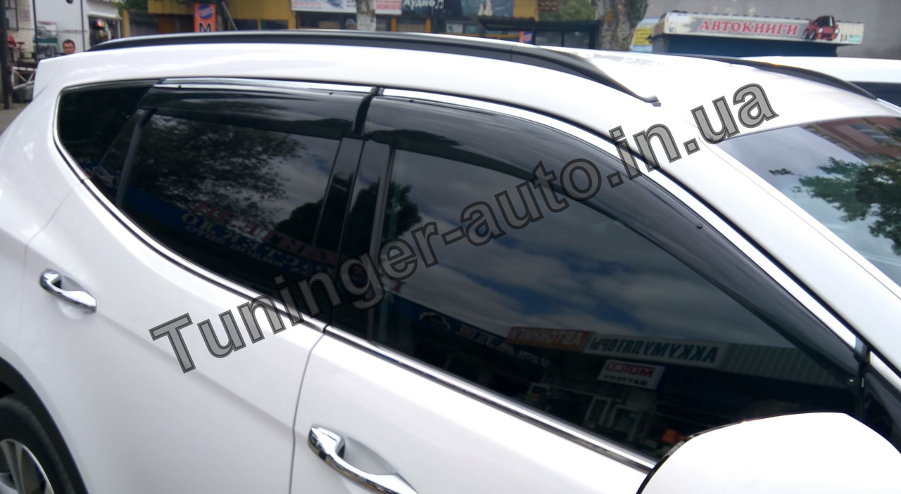 Дефлектори вікон із хром молдингом (вітровики) Hyundai Santa Fe 2012-2018 (Fly)