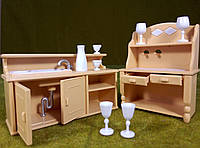 Кукольная мебель Кухня набор с мойкой и шкаф с посудой для маленьких кукол