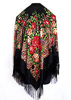 Платок украинский большой с цветами с бахромой Ганна розы черный