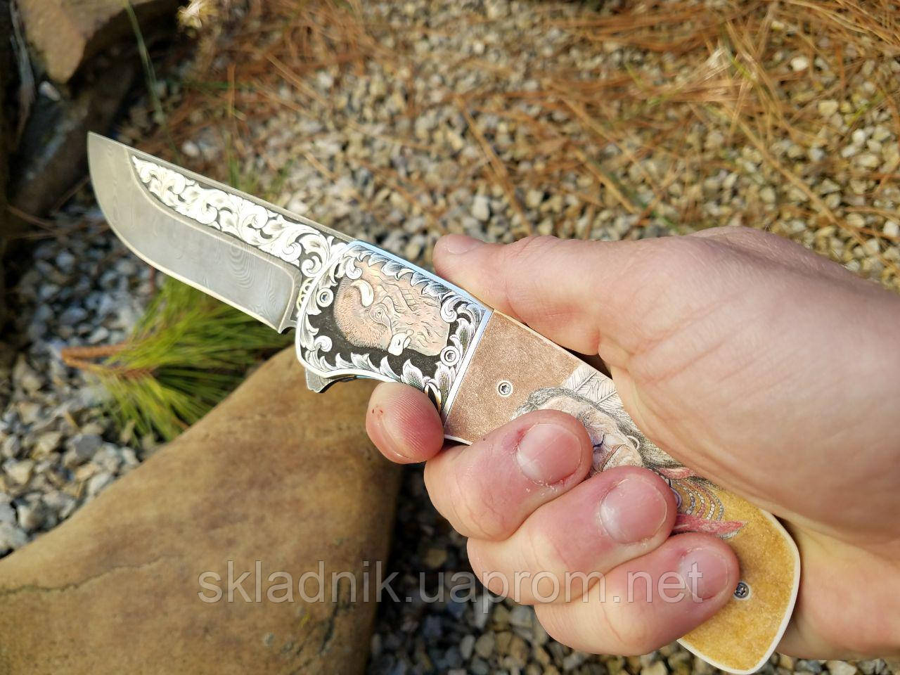 Авторський складаний ніж із дамаської сталі 