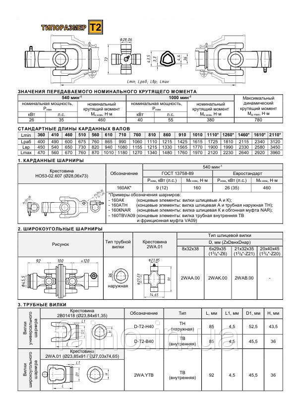 Карданный вал тип T2 с радиально-штифтовой муфтой (крестовина 28,06 х 73 мм, Pном 35-55 л.с) - фото 3 - id-p683511941