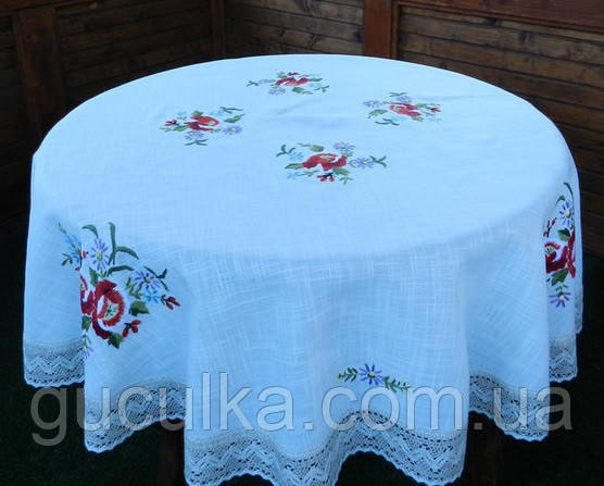 Скатертина білий льон кругла вишита гладдю ручної роботи 180 см, фото 1