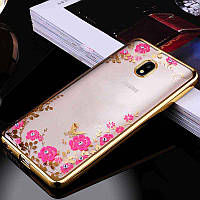 Золотистый силиконовый чехол-накладка с камушками Сваровски для Samsung Galaxy J330