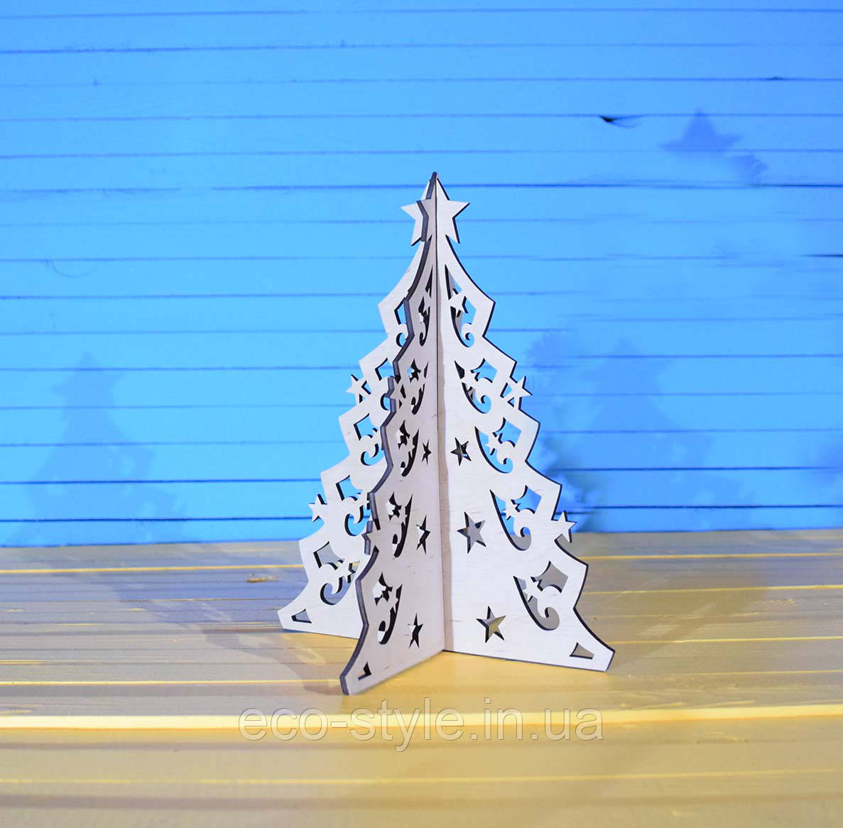 Дерев'яна ялинка на стіл, новорічні іграшки і прикраси, фото 1