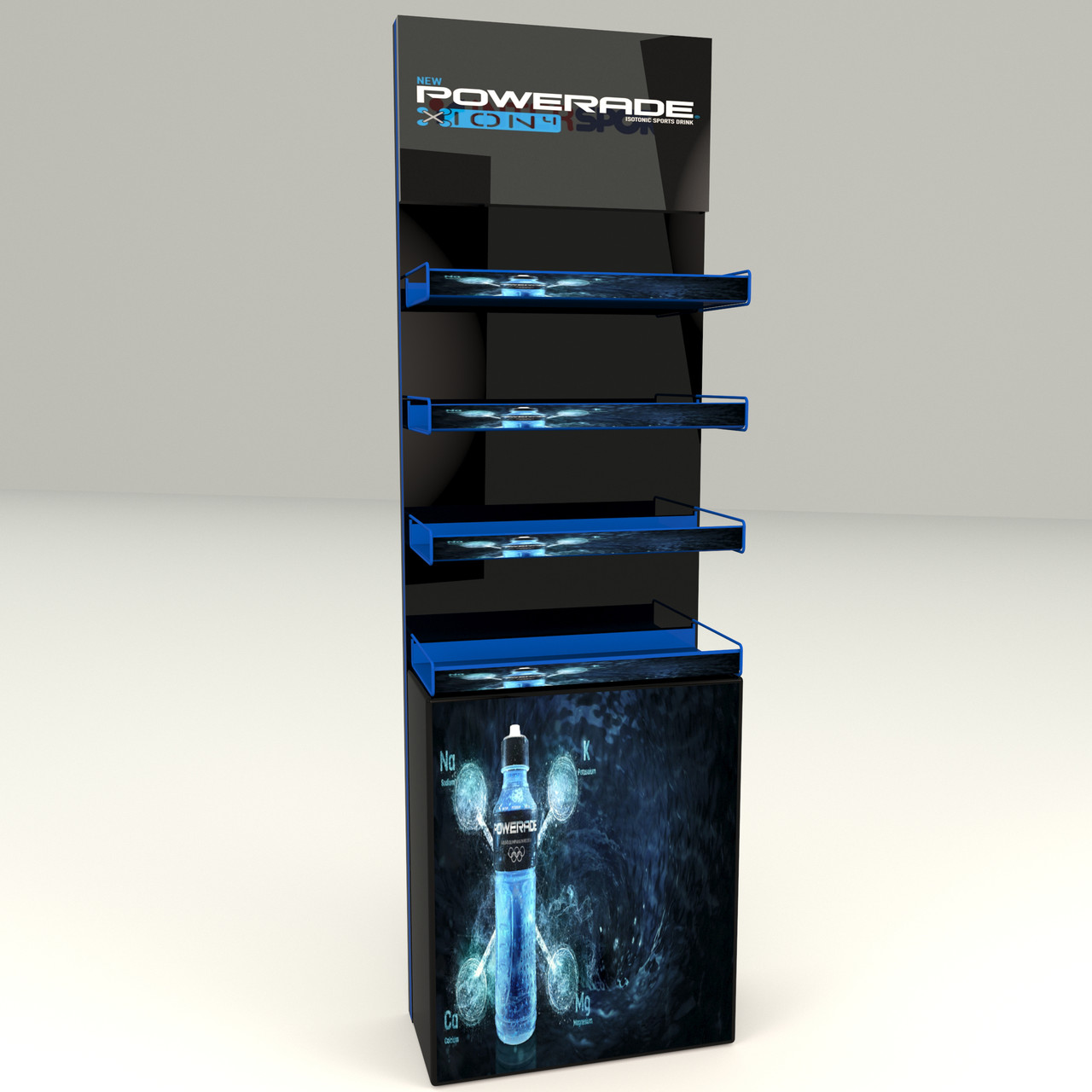Підлогова металева торгова POS-стійка для напоїв Powerade, 4 полиці, під замовлення оптом, фото 1