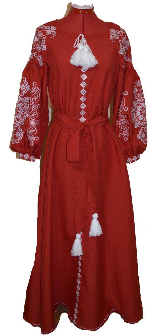 Шикарне довге вишите жіноче плаття вишиванка в стилі бохо та широким поясом - фото 4 - id-p598493562