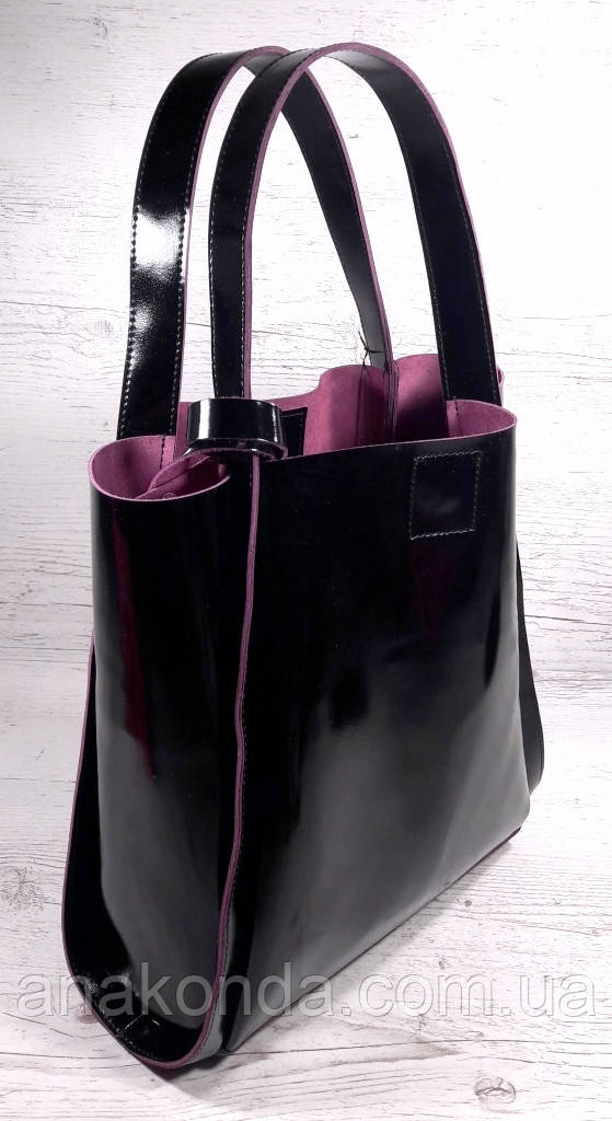 151-1 Натуральна шкіра, Сумка жіноча чорна Сумка шоппер чорна Чорний глянець з виворотком фуксія