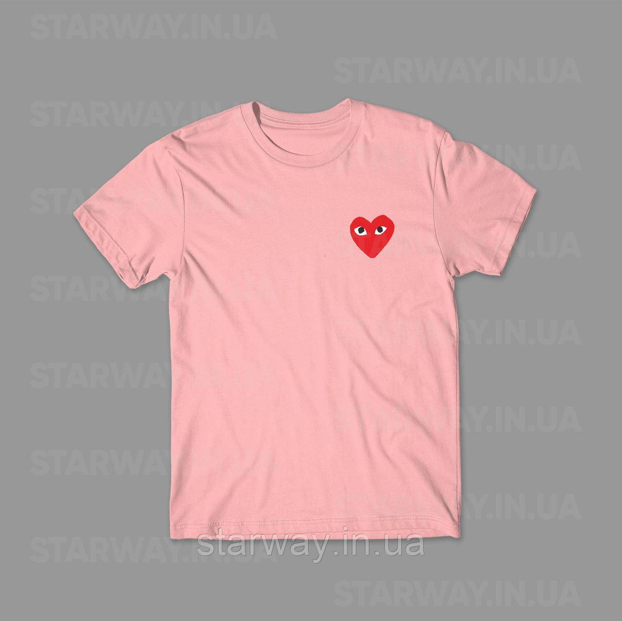 Рожева футболка з принтом comme des garcons small red logo