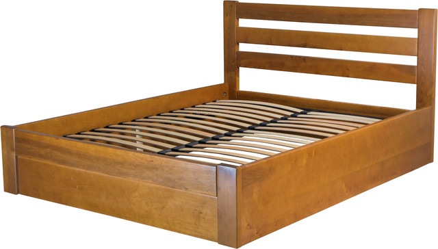 На фото: деревянная двуспальная кровать с ортопедическим основанием (подъемный механизм)