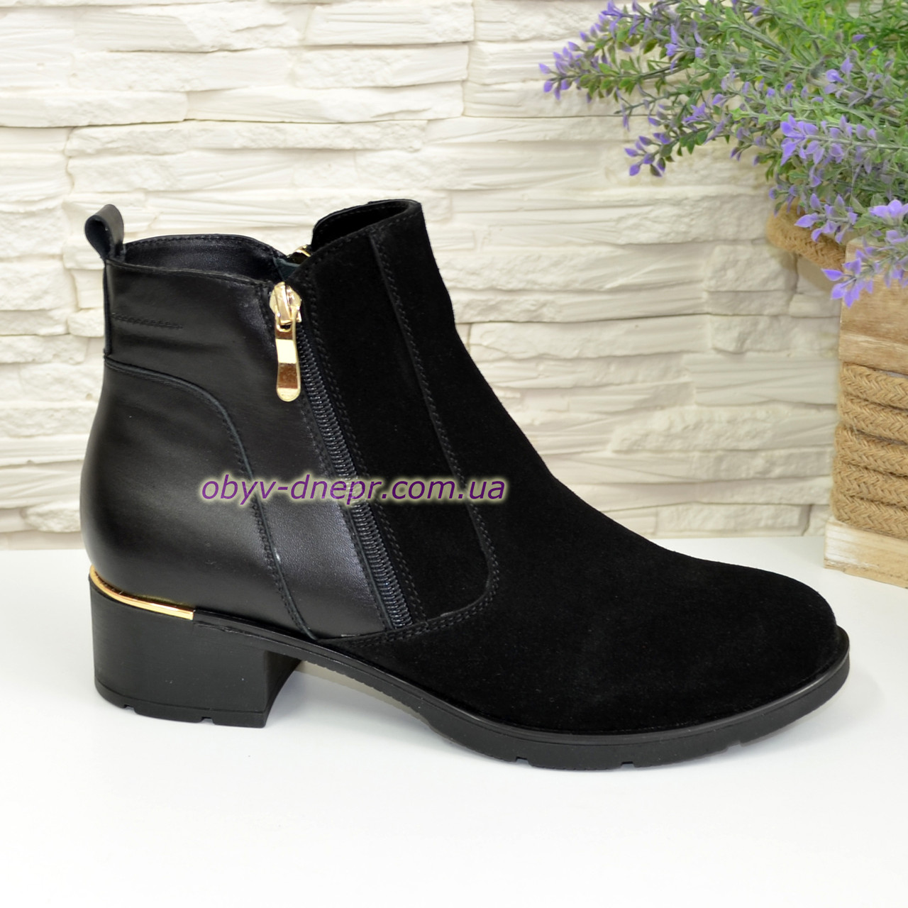 Черевики жіночі на стійкому каблуці, натуральна шкіра і замша, фото 1