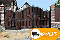 Кованые ворота с калиткой из профнастилом, код: Р-0157